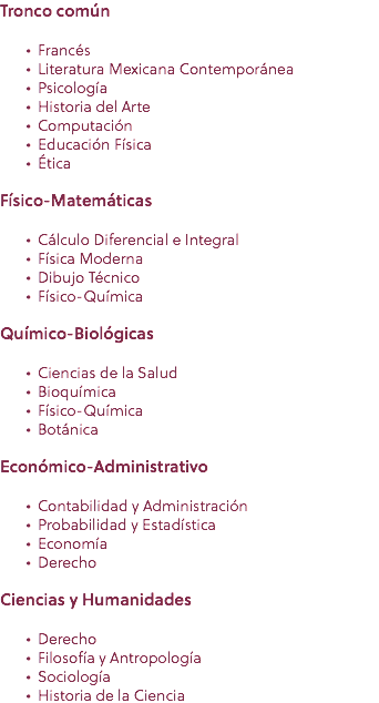 Tronco común Francés Literatura Mexicana Contemporánea Psicología Historia del Arte Computación Educación Física Ética Físico-Matemáticas Cálculo Diferencial e Integral Física Moderna Dibujo Técnico Físico-Química Químico-Biológicas Ciencias de la Salud Bioquímica Físico-Química Botánica Económico-Administrativo Contabilidad y Administración Probabilidad y Estadística Economía Derecho Ciencias y Humanidades Derecho Filosofía y Antropología Sociología Historia de la Ciencia